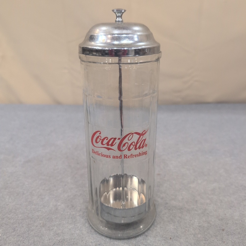 Coca-Cola Glass Straw Dispenser Chrome Lid Vintage Soda Fountain Style - Picture 4 of 7